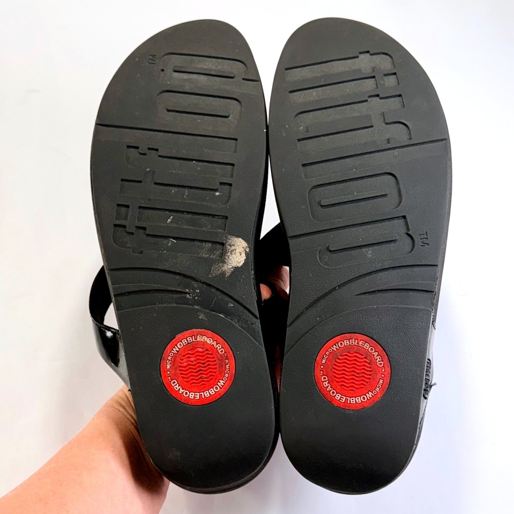 FitFlop Pietra Thong Sandal Womens 10 Black Patent Leather Crystal Wedge Comfort - Picture 8 of 13